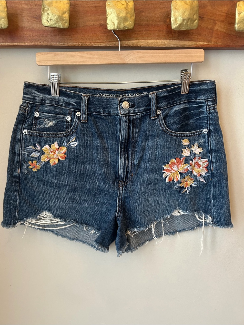 American Eagle Outfitters Dark Wash Floral Embroidered Denim Shorts - Size 12